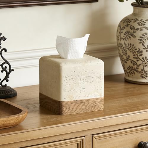 Travertine Match Wooden Square Tissue Box Cover Decorative / Travertine&wooden / Boho / Natural