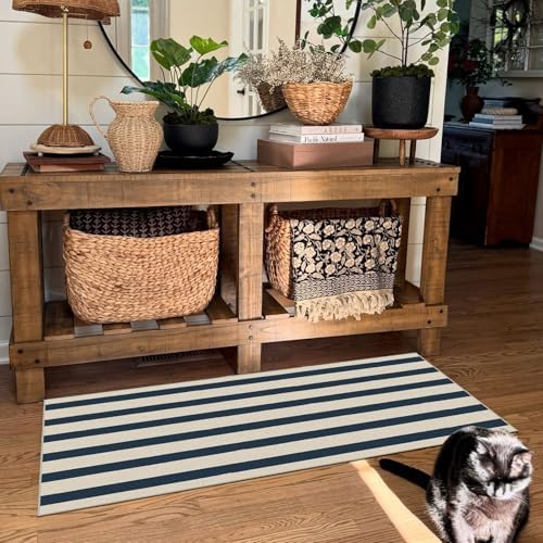 Front Door Mat Indoor Entrance, 2x4.3 Ft Blue and White Striped Rug