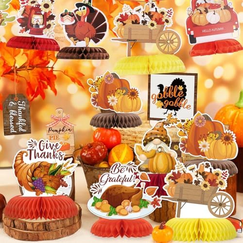 NatNarr 12PCS Thanksgiving Table Decorations Thanksgiving Centerpieces for Tables Autumn Honeycomb Centerpiece Fall Table Toppers Turkey Centerpiece Decor for Birthday Party Supplies