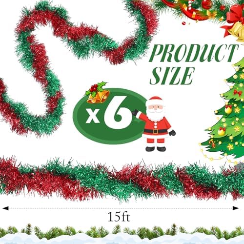 Shappy 90 ft 6 Rolls Christmas Tinsel Garland for Tree, Red, Green