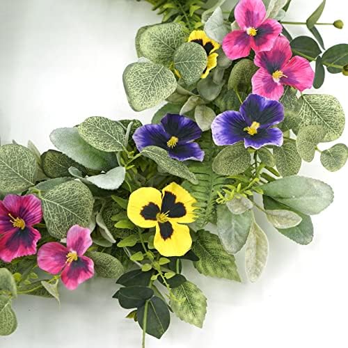 Artificial Spring Summer Wreath with Pansy Flowers,Flocked Lamb Ear Leaves,Eucalyptus Leaves,Fern Branches for Front Door Indoor Outdoor Farmhouse Wall Holiday Decor, White Gift Box Included