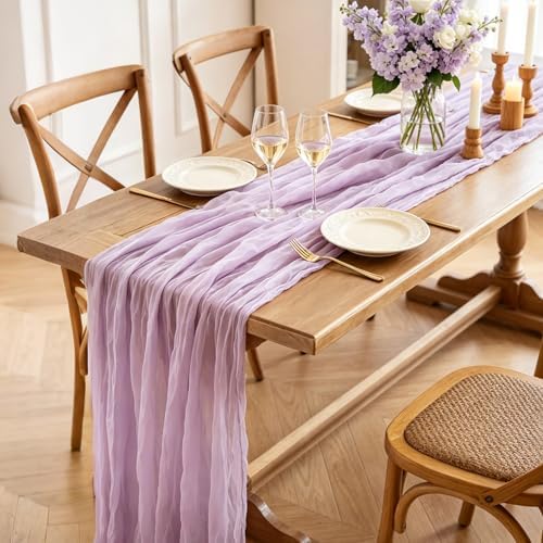 6Pcs Lilac Table Runner, 10FT Rustic Gauze Lavender Table Runner 35*120inch Boho Table Runners for Wedding Bridal Shower Baby Shower Table Centerpiece Decorations