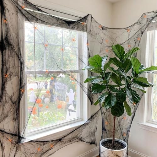 1100 Sqft Black Halloween Spider Web Decor with 60 Fake Spiders 12 Bats