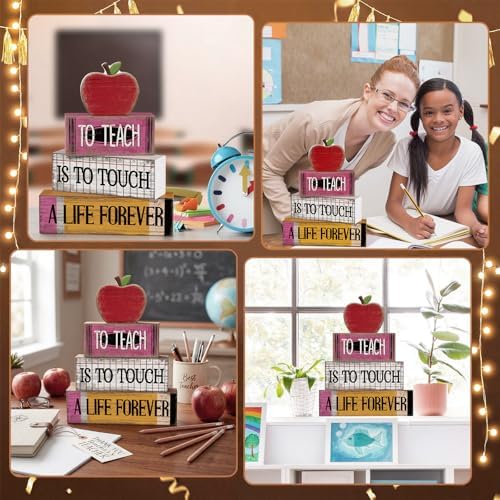 Moucuny 4 Pcs Back to School Table Decorations Retro Red Wooden Apple Decor