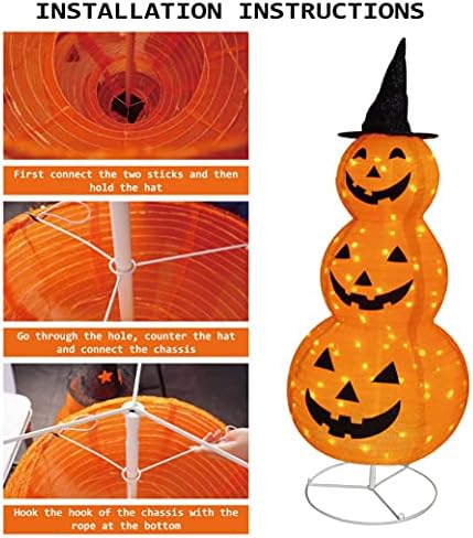FUNPENY Halloween Collapsible Pumpkin Decorations, Pre-Lit Light Up Pumpkin with Hat, Pop Up Jack-o-Lantern with Metal Stand for Indoor Outdoor Yard Holiday Decor (5FT Pumpkin)