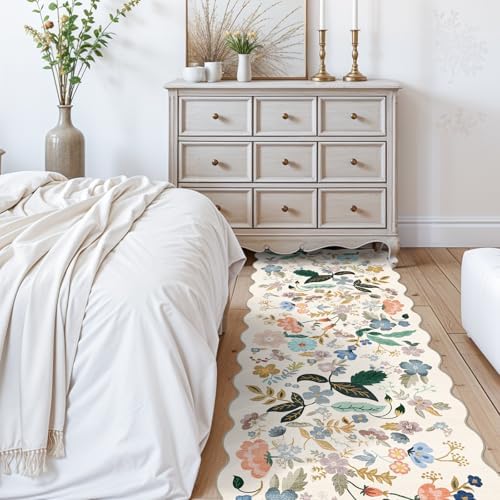 2x10 Washable Hallway Runner Rug: Long Floral Scalloped Soft Runners for Kitchen Entry Thin Non Slip Bathroom Nursery