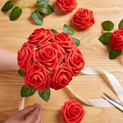 16 Pcs Artificial Flowers, Red Fake Roses with Stems