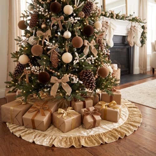 Velvet Christmas Tree Skirt, 60 Inches, Bow Style, Khaki