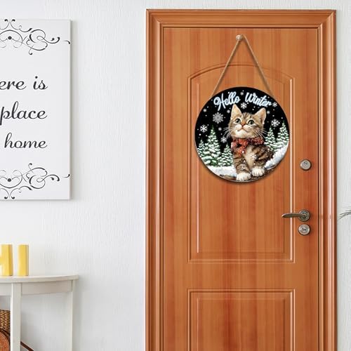 Hello Winter Cat Front Door Sign Winter Kitty Kitten Pine Tree Round Wood Sign 12x12in Winter Decorations Cat door hanger Christmas Winter Wreath Wall Hanging Welcome Sign for Outdoor Outside Porch