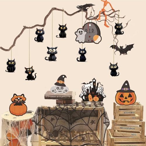 8 Pcs Halloween Tree Decoration Funny Cute Black Cat Designs Acrylic Pendant Cartoon Mini Kitten Halloween Tree Hanging Ornament DIY Craft Decoration Accessories for Holiday Party Supplies