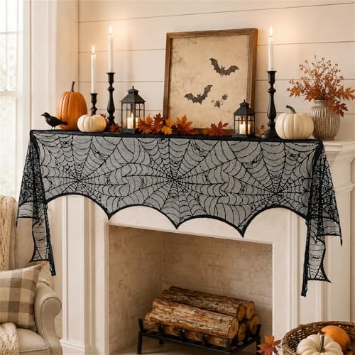 Halloween Fireplace Mantel Scarf,Lace Spiderweb Mantel,18 x 96 Inch