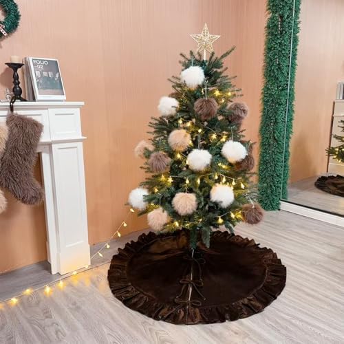Velvet Christmas Tree Skirt Brown 60 inch Ruffled Holiday Tree Skirt for Rustic Xmas Tree Decoration