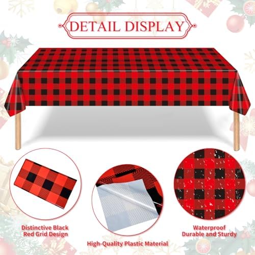 Gistome 3-Piece 54 x 108 Inch Buffalo Plaid Plastic Tablecloth - Red and Black Checkered Design, Disposable Rectangle Table Cover for Dining, Birthday, Christmas, Fall and Winter Themed Decorations