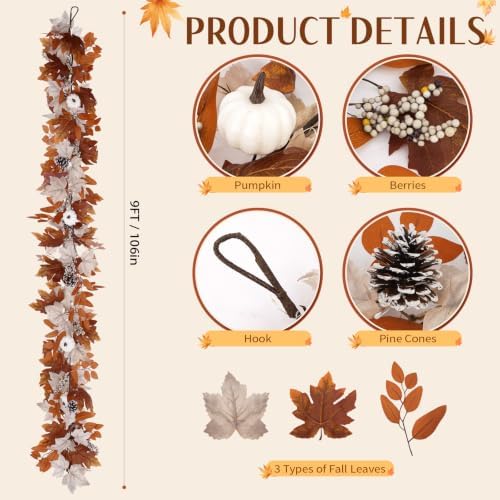 9 Ft Fall Garland with Lights & Timer, Thanksgiving Fireplace Mantel Decor