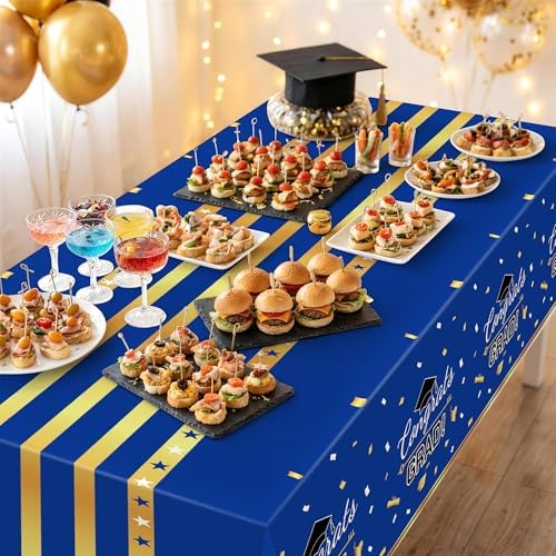 Childom 3 Pack Graduation Tablecloth,Graduation Decorations Class of 2026 Graduation Party Decorations,54"x108" Blue and Gold Plastic Table Cloth Disposable Rectangle for Home,School,Party Supplies