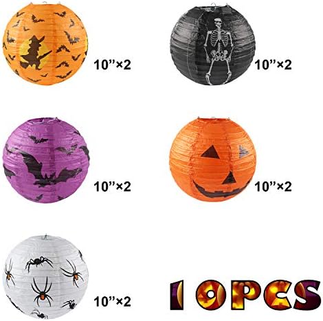 10PCS Halloween Paper Lanterns, Hanging Jack-O'-Lantern Spider Skeleton Pumpkin for Halloween Party Decor, Indoor & Outdoor Spooky Home Decor - 10 Inches