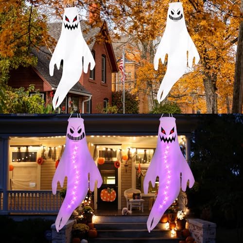 Geefuun 2PCS Purple Halloween Fierce Ghost Windsocks Hanging Decorations -43 Inch Flag Wind Socks for Home Yard Outdoor Decor Party Supplies (Batteries Not Included,No Timer)