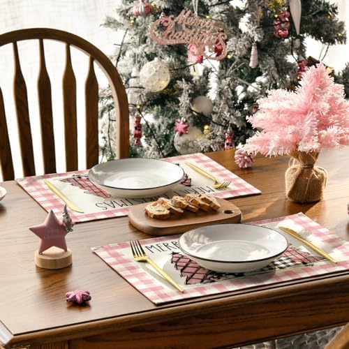 Artoid Mode Waterclor Pink Buffalo Plaid Christmas Trees Placemats Set of 4, 12x18 Inch Winter Table Mats for Outdoor Home Party Kitchen Dining Decor