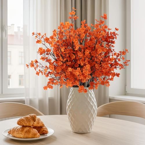 8Pcs Artificial Fall Flowers Real Touch Babys Breath Fake Orange Flowers