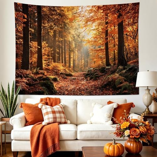 LB Fall Forest Tapestry for Bedroom, Autumn Rustic Orange Maple Tree Wall Tapestry, Nature Landscape Extra Large Tapestries Wall Hanging for Living Room Dorm Decor, 92Wx70.5H inches