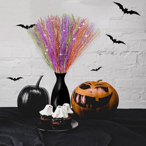 YBB 30Pcs Halloween Artificial Glitter Branches, 17 Inch Fall Stem Floral Picks Decorative Twigs for Halloween Thanksgiving Day Home Table Vase Decoration (Green&Purple&Orange)