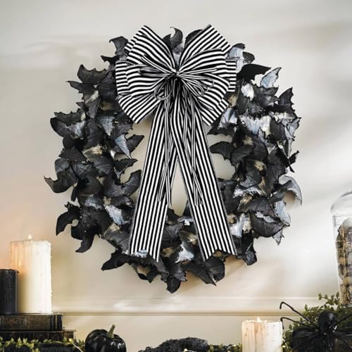 Hongsome 2 Pack Black White Stripe Halloween Fall Bows for Wreaths,12”x20”Black and White Christmas Decorations Bow for Tree Topper Gothic Spooky Holiday Birthday Party Wall Home Front Door