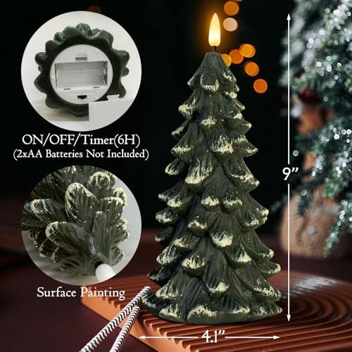 Christmas Tree Shaped Flickering Flameless Candles, Green Real Wax Battery Operated LED Candles with Timer for Christmas Home Party Decoration Christmas Gift Set of 2