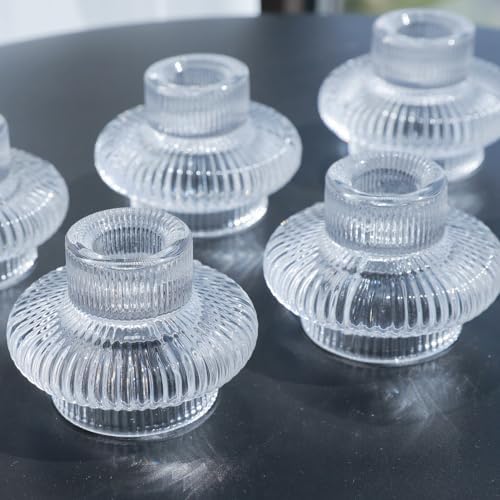 VOHO 12pcs Taper Candle Holders Ribbed Glass, Clear Candle Holder Stackable