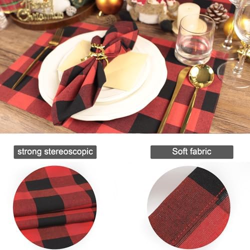 Christmas Cloth Napkins Set of 12, Cotton Buffalo Plaid Dinner Napkins 20 x 20 Inch, Reusable Washable for Holiday Party Wedding Restaurant Everyday Use, Red and Black