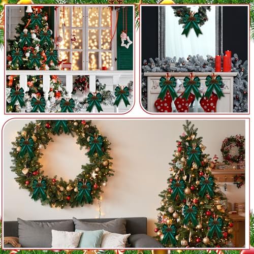 Syhood 6 Pcs Christmas Bows Xmas Velvet Bows Tree Decor, Dark Green