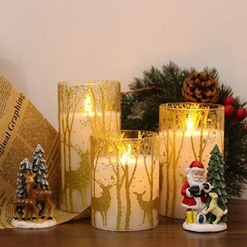 GenSwin Glass Flameless Candles with Elk Decor and Remote Timers, Battery Operated Moving Wick Led Flickering Light, Set of 3 Real Wax Pillar Candles for Christmas Home Decoration