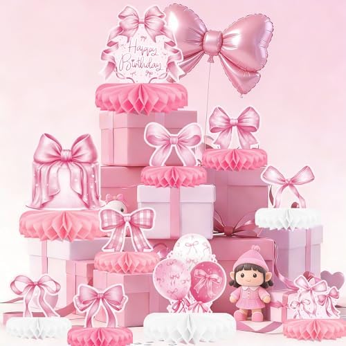 Pink Bow Birthday Decorations Set - Bow Party Decorations with Honeycomb Centerpieces & Table Centerpieces for Splendid Pink Bow Themed Party Supplies