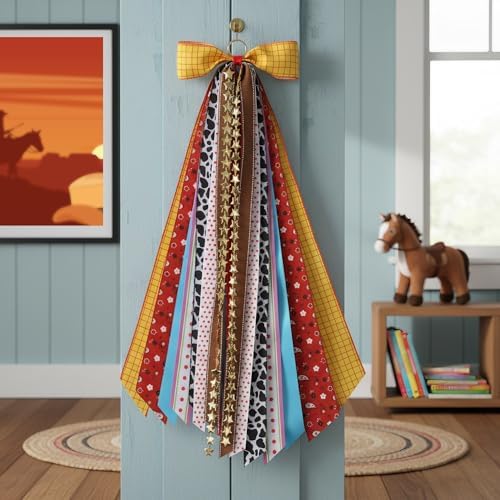 Cow Print Ribbon Bow Set, 27.5" Western Themed Wreath Decoration with 9 Assorted Ribbons, Yellow Plaid Cowboy Door Hanger Sash for Birthday Party Kids Room & Gift Wrapping