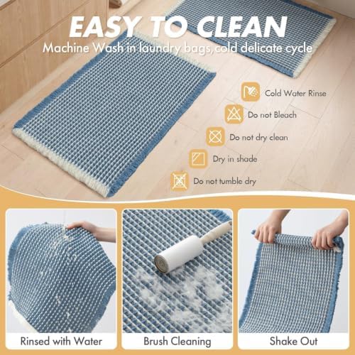 MIULEE Set of 2 Waffle Bathroom Rugs Boho Bath Mat Blue&Cream 17x24 Inch