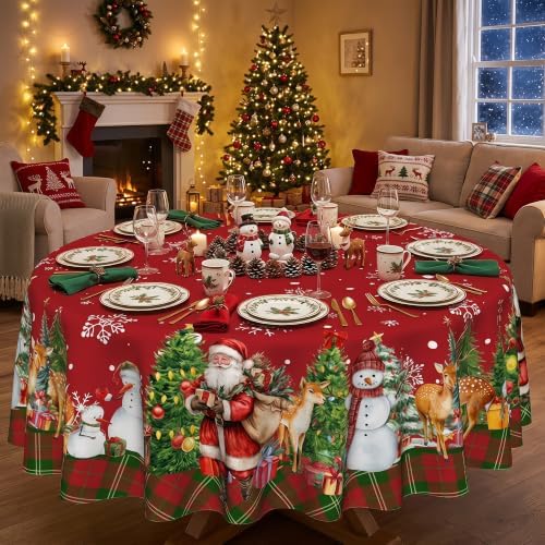 Christmas Tablecloth 52 Inch, Santa Claus & Snowman Water Resistant Round Table Cover, Farmhouse Winter Holiday Table Decor for Xmas Dinner Party Kitchen Home