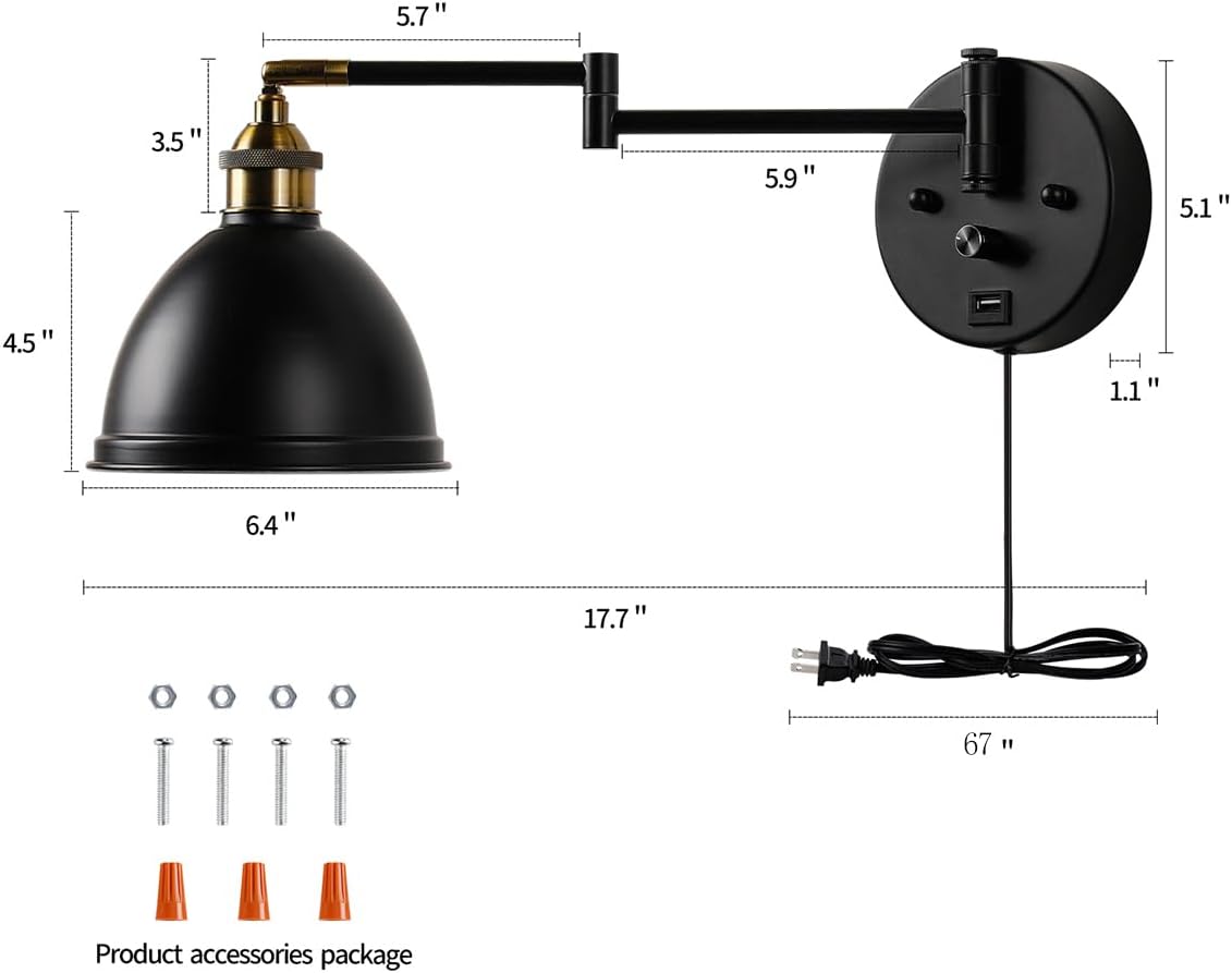Swing Arm Wall Sconces, Plug-in Wall lamp,Bedroom Wall lamp ， White Fabric Shade，，with dimmable Switch and USB Charging