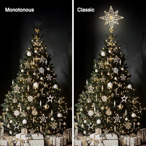 hogardeck Christmas Tree Topper, 12 Inches Lighted Gold Glittered 8-Point Star Tree Topper, 30 LED Sparkling Tree Toppers Christmas Decorations, Battery Powered Timer Xmas Treetop Star Decor
