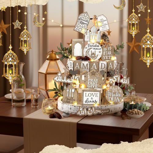 Shellwei 20 Pcs Eid Mubarak Tiered Tray Decor Ramadan Mubarak Table Decor Rustic Wooden Tabletop Signs for Home Black and Gold Muslim Islam Centerpiece for Islamic Gifts Kareem Home Table