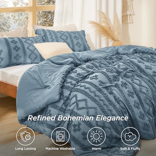 Bedsure Tufted Boho Comforter Set Queen Size - Dusty Blue Boho Bed Set, GentleSoft™ 3 Pieces Farmhouse-Style Embroidery