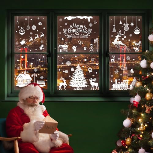 NEWMIAO Christmas Window Cling Stickers, 9 Sheets White Window Clings Reindeer Snowflake Santa Claus Christmas Tree Snowman Xmas Decals for Holiday Decorations Home Decor Party Supplies