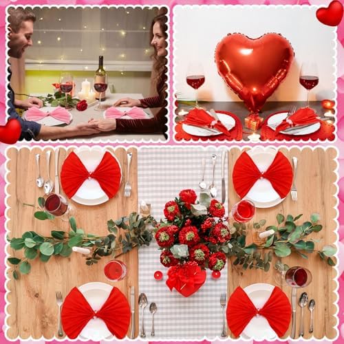 Qinyoung 8 Sets Valentine's Day Cloth Napkins and Heart Rings, Wooden Red Pink Napkins Rings Holders for Valentine's Day Wedding Anniversary Dinner Party Table Decoration