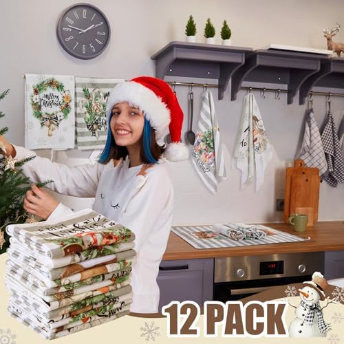 VitalCozy 12 Pcs Stripe Christmas Kitchen Towels, 14.2 x 21.3 in