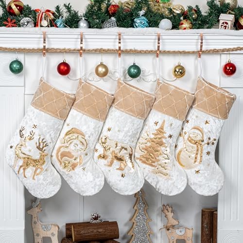 LUBOT New Christmas Stockings Set of 5 Embroidered 20" Xmas Family Traditional Fireplace Hanging Gold Sequin Decor Velvet Satin Fabric Gifts for Christmas Holiday