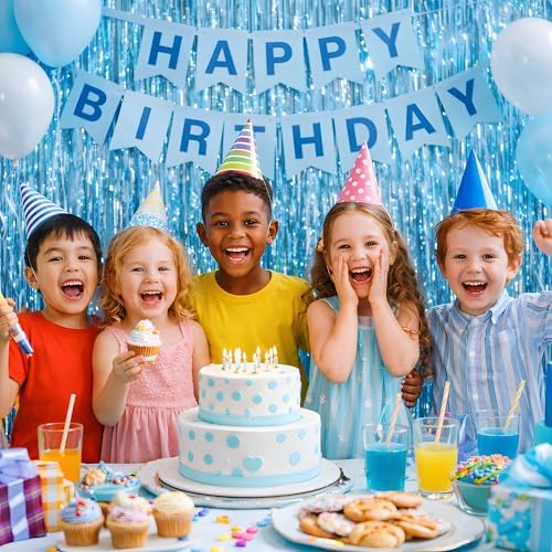 Pool Party Decorations - Blue Tinsel Streamers Backdrop Banner | Summer Party Favors Supplies Indoor Outdoor - Ocean Themed Party Decorations for Beach Sea Water Blue Birthday,2 Pack