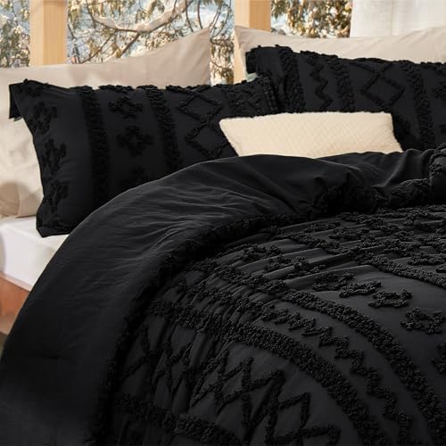 Bedsure Tufted Boho Comforter Set Queen Size - Black Boho Bed Set, GentleSoft™ 3 Pieces Farmhouse-Style Embroidery