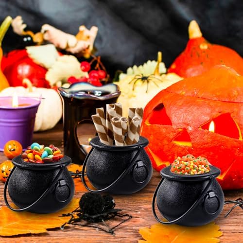 DIYDEC 12pcs Mini Black Cauldron with Handle Halloween Mini Witch Cauldron Kettles Multi-purposed Small Plastic Cauldron Halloween Pot Candy holder for Halloween & St. Patrick’s Day Party Favors Decor