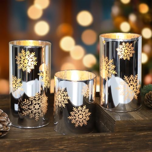 Crystal Club Christmas Flameless Candles with Remote, Set of 3, Snowflake Plating Battery Operated LED Candles, Glass Effect Pillar Candle Flickering with Remote for Home Decor