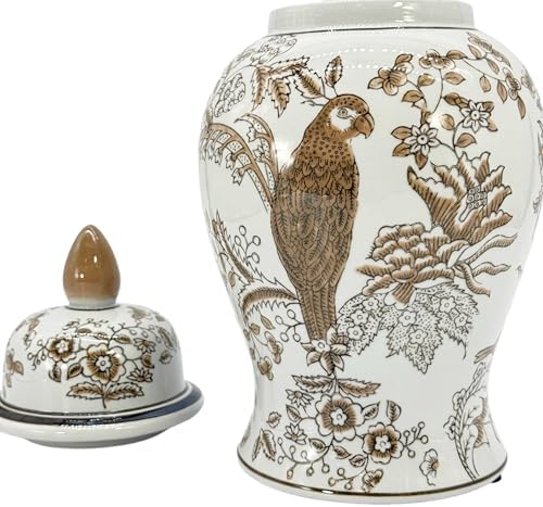 Galt International 14" Brown & White Floral Parrot Ceramic Porcelain Ginger Jar Floral Home Décor Jar Urn Shape Vase