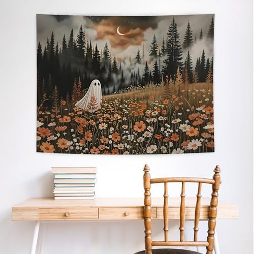 NATSUNO Halloween Tapestry, Halloween Spooky Ghost Wall Tapestry for Bedroom, Whimsical Enchanted Forest Flower Ghost Tapestries Wall Hanging for Home Living Room Decor, 50x60 Inches