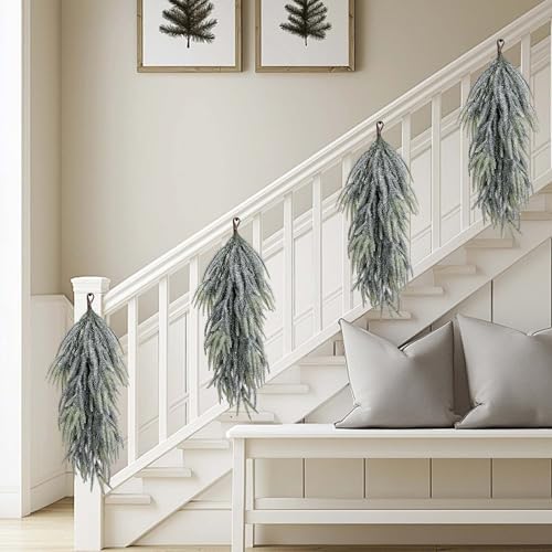 2 Pcs Artificial Christmas Snow Teardrop Swag, 28" Faux Glitter Snow Flocked Norfolk Pine Teardrop Door Swag, White Frosted Pine Wreath Staircase Swags for Xmas Door Mantle Fireplace Decor